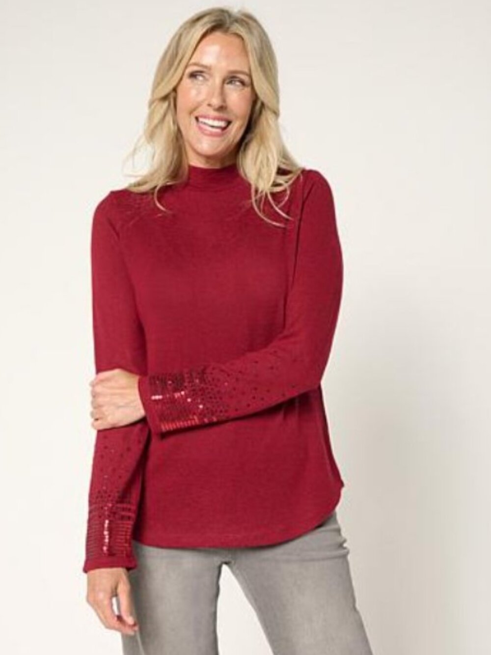 DG2 by Diane Gilman Mock-Neck Embellished Sleeve Knit Top - Size: Small - NIP